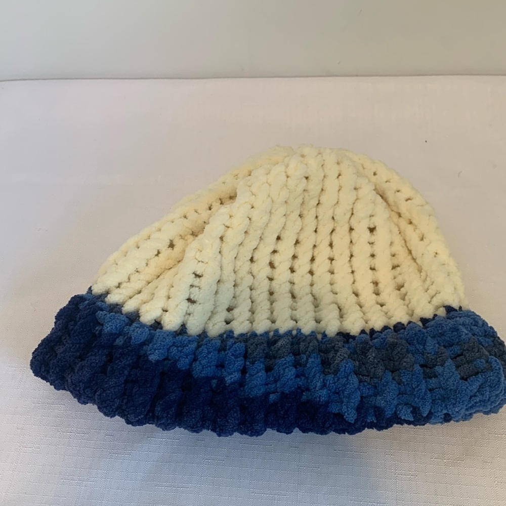 Chunky Hand Knit Winter Hat Off White with Blue Trim Women’s Men’s Boys Girls